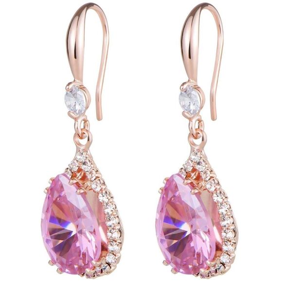14K Rose Gold with Pink Sapphire Cubic Zirconia Teardrop Hook Dangling Earrings - Picture 2 of 5